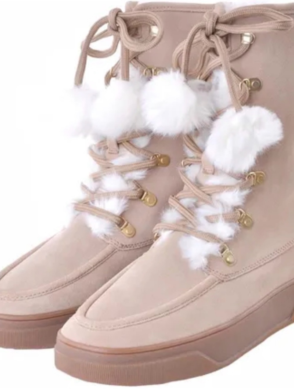 Michael Kors Juno Lace-Up Tan Boots with White Faux Fur Pom Poms